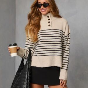 Vici Lidiah Striped Pullover Sweater with Buttons High Neck Oatmeal Size Large